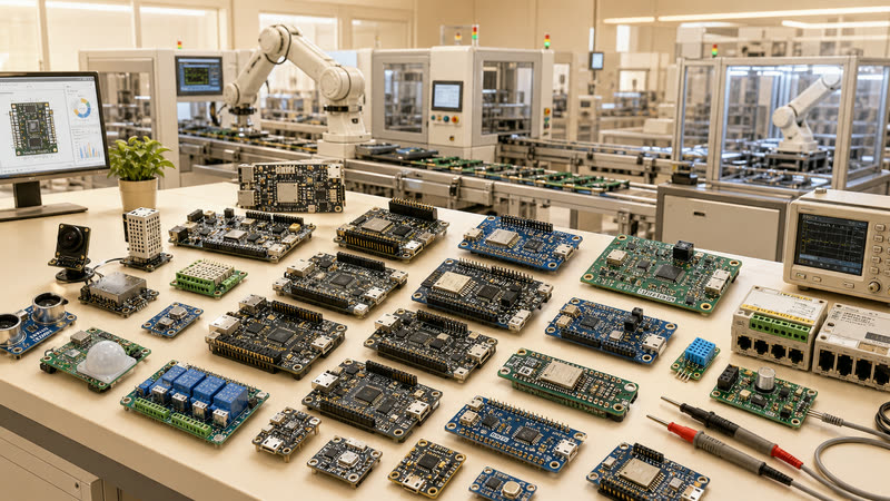AI embedded MCU edge device design with microcontroller boards, sensors, industrial automation equipment, and robotics testing