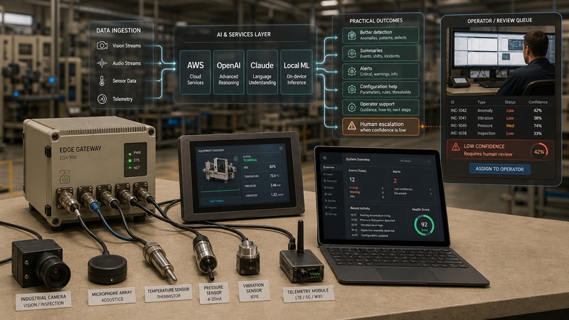 Hardware systems that call AI software and people using sensors, cameras, edge devices, cloud APIs, and human-in-the-loop workflows