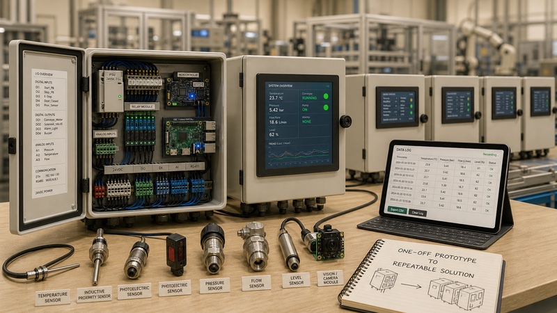Microcontrollers sensors operator panels and data capture for control boxes, embedded automation, test fixtures, and field hardware systems
